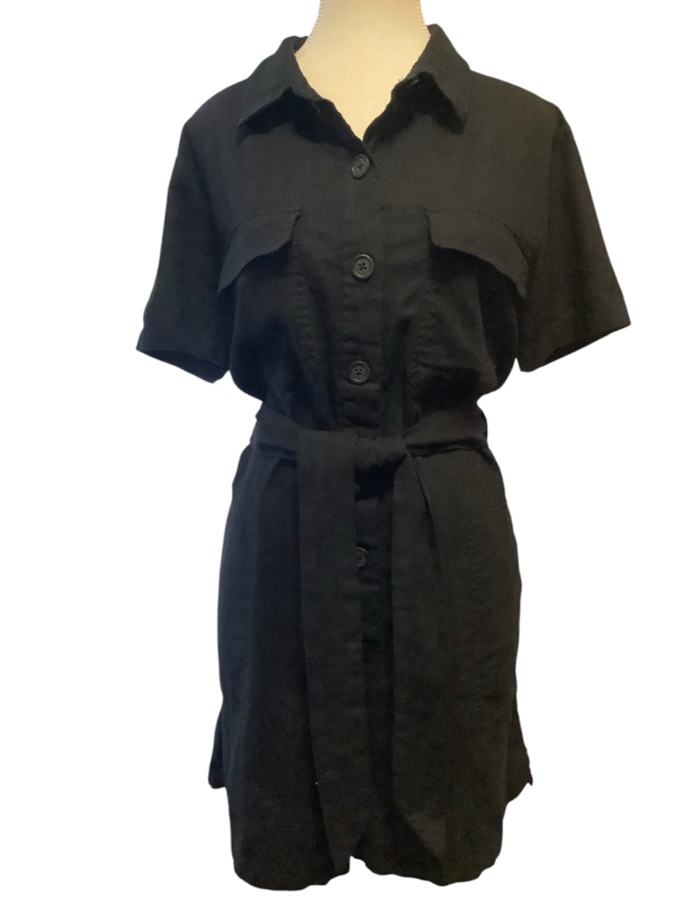 Matty M Linen Blend Romper Black Button Front Tie Waist Size XL